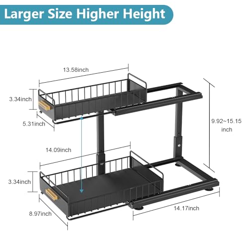 HOMEBOSILY Organizador para debajo del fregadero, organizador de gabinete de cocina extraíble, organizadores de metal de 2 niveles y almacenamiento ajustable en altura, organizadores de cocina y baño