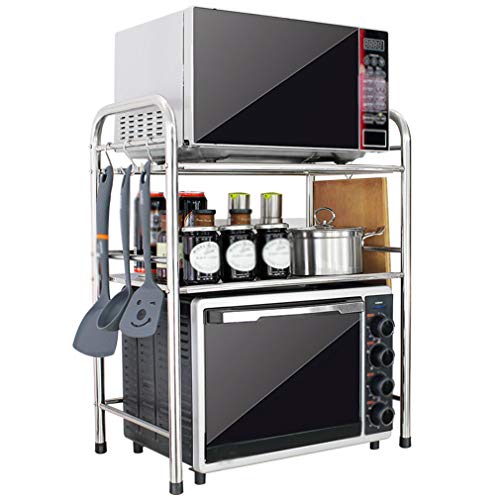 Estante para microondas, Soporte único para Horno de Acero Inoxidable, Organizador de Soporte de Almacenamiento para gabinete de Cocina con 6 Ganchos para Almacenamiento de Cocina pequeña,
