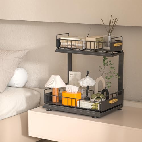 HOMEBOSILY Organizador para debajo del fregadero, organizador de gabinete de cocina extraíble, organizadores de metal de 2 niveles y almacenamiento ajustable en altura, organizadores de cocina y baño