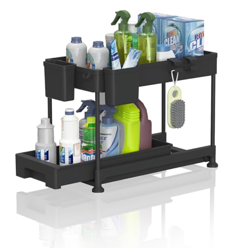 WCI Organizadores y almacenamiento debajo del fregadero para baño y cocina con organizador de armario extraíble, estante de almacenamiento deslizante para fregadero con ganchos para colgar tazas