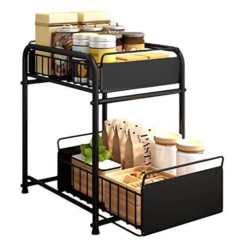 Organizador debajo del fregadero de 2 niveles con cajón de almacenamiento deslizante, estante extraíble para cocina y baño, cajón de alambre resistente, capacidad de carga de 25 kg, solución de