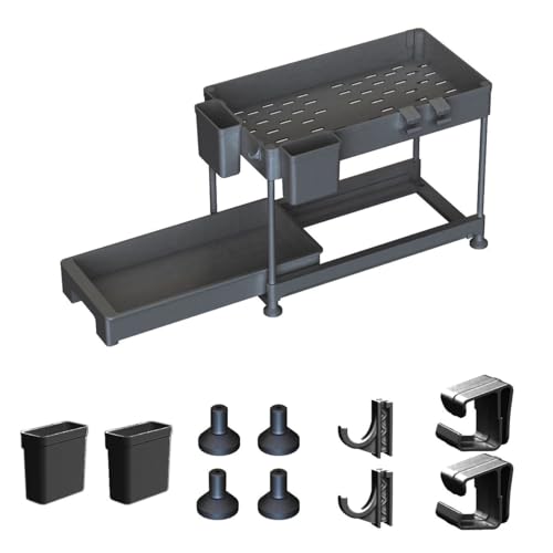 WCI Organizadores y almacenamiento debajo del fregadero para baño y cocina con organizador de armario extraíble, estante de almacenamiento deslizante para fregadero con ganchos para colgar tazas