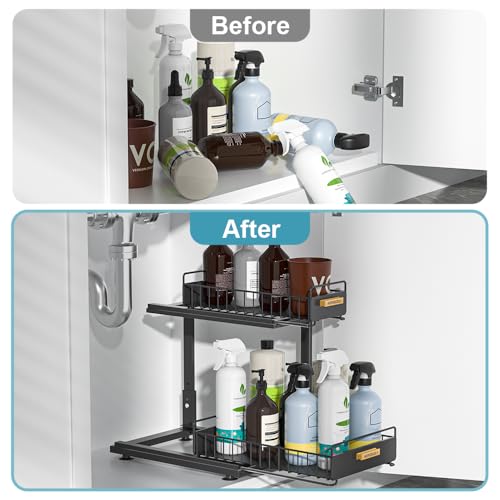 HOMEBOSILY Organizador para debajo del fregadero, organizador de gabinete de cocina extraíble, organizadores de metal de 2 niveles y almacenamiento ajustable en altura, organizadores de cocina y baño
