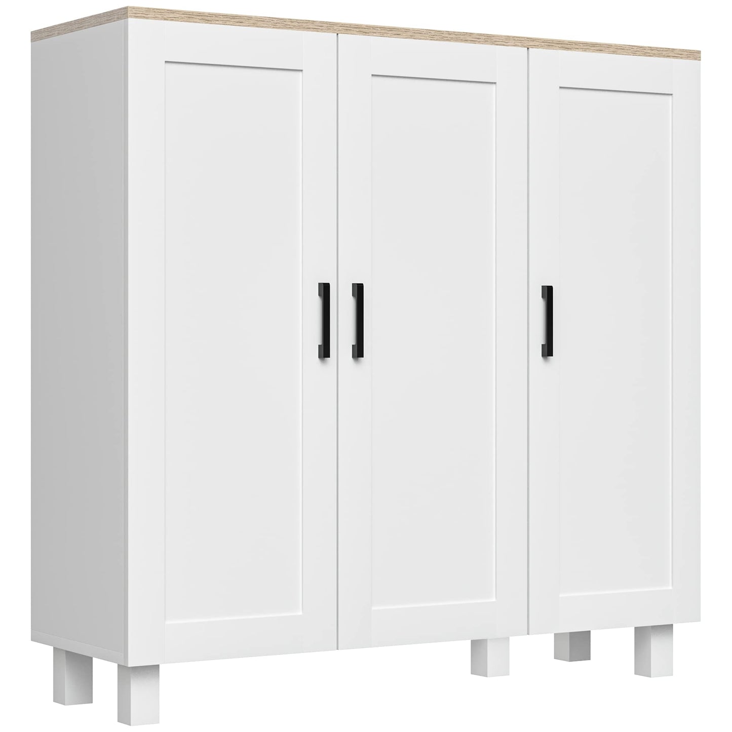 HOMCOM Armario de Salón Moderno Armario de Almacenaje con 3 Puertas Estantes Ajustables y Base Elevada para Cocina Comedor Pasillo Dormitorio Dispositivo Antivuelco 90x30x90 cm Blanco