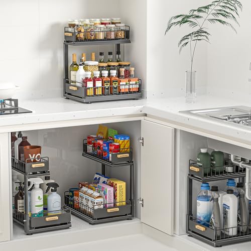 HOMEBOSILY Organizador para debajo del fregadero, organizador de gabinete de cocina extraíble, organizadores de metal de 2 niveles y almacenamiento ajustable en altura, organizadores de cocina y baño