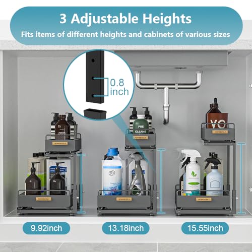 HOMEBOSILY Organizador para debajo del fregadero, organizador de gabinete de cocina extraíble, organizadores de metal de 2 niveles y almacenamiento ajustable en altura, organizadores de cocina y baño