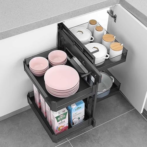 KaBuea Organizador de gabinete extraíble de 2 niveles, organización de especias para gabinete, baño debajo del lavabo, almacenamiento de armario de cocina con estante de esquina ciega