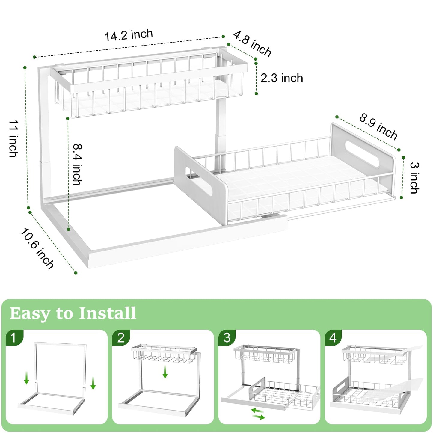 REALINN Organizador para debajo del fregadero, organizador de gabinete extraíble de 2 niveles, estantes de almacenamiento, almacenamiento debajo del fregadero para armario de cocina y baño, blanco,