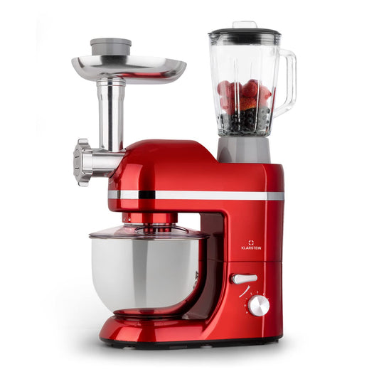 Klarstein Batidora Amasadora con Bol 5L para Hornear – Robot de Cocina 1800W con Picadora de Carne, Gancho y Bol para Mezclar, Licuadora 1,5L, 6 Velocidades para Postres y Panadería