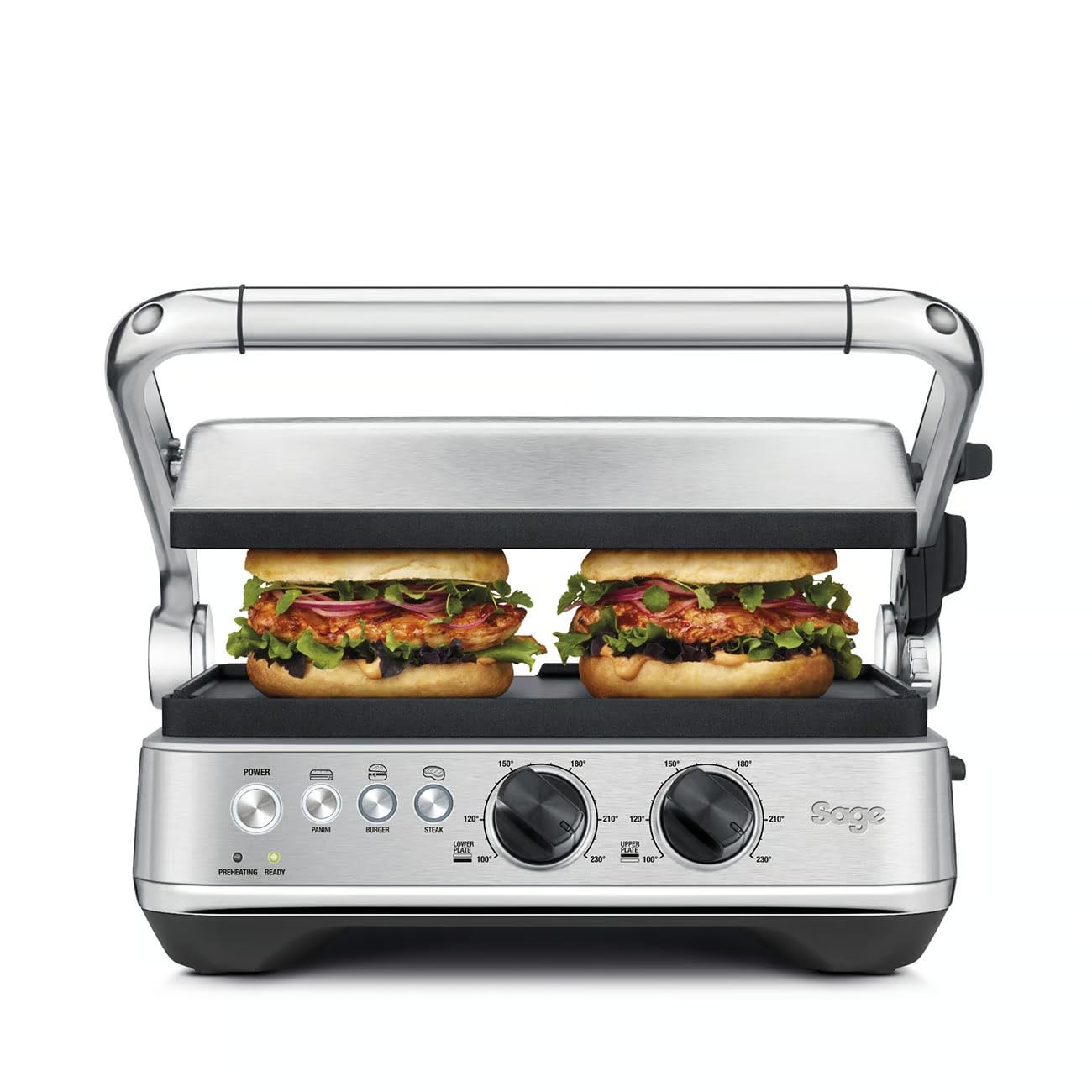 Sage BBQ & Press Grill - Panini,, Acero Inoxidable  Hamburguesa y Filete Perfectos con un Solo Toque