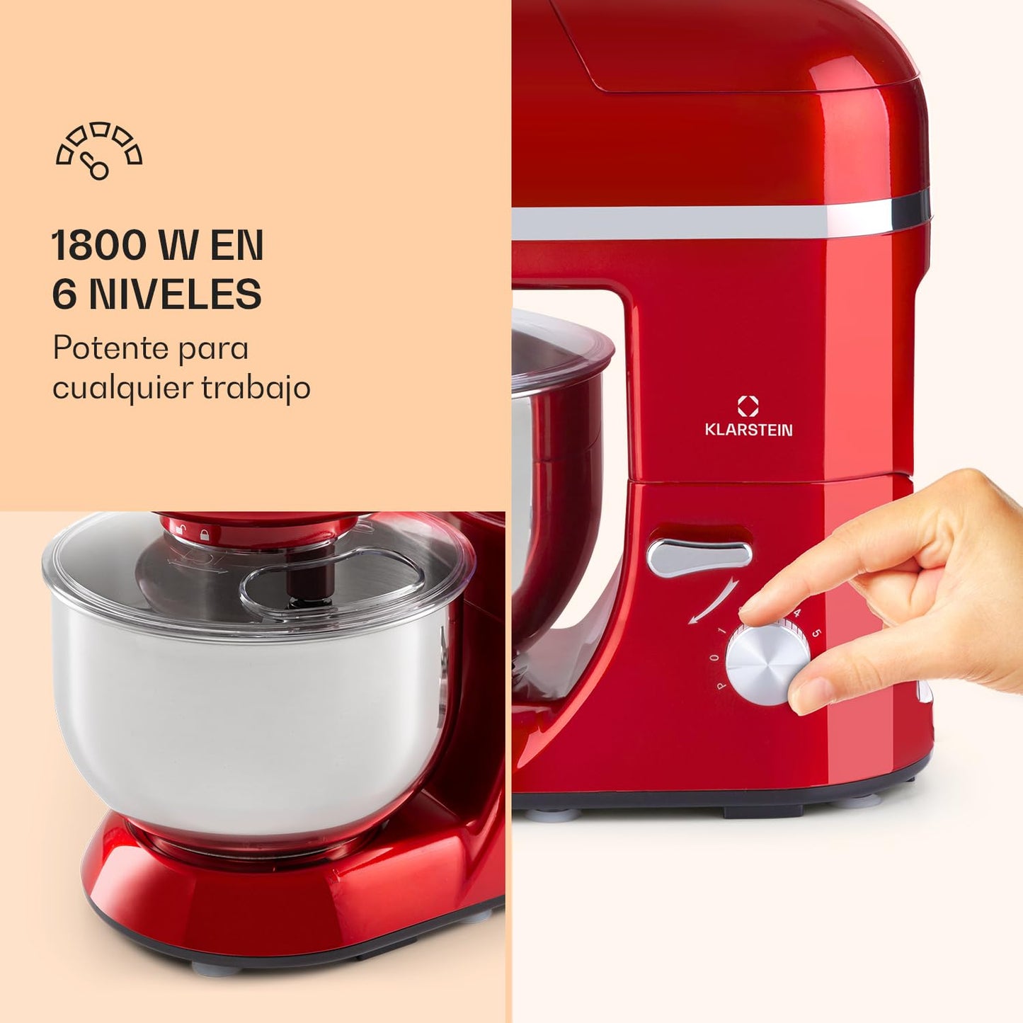 Klarstein Batidora Amasadora con Bol 5L para Hornear – Robot de Cocina 1800W con Picadora de Carne, Gancho y Bol para Mezclar, Licuadora 1,5L, 6 Velocidades para Postres y Panadería