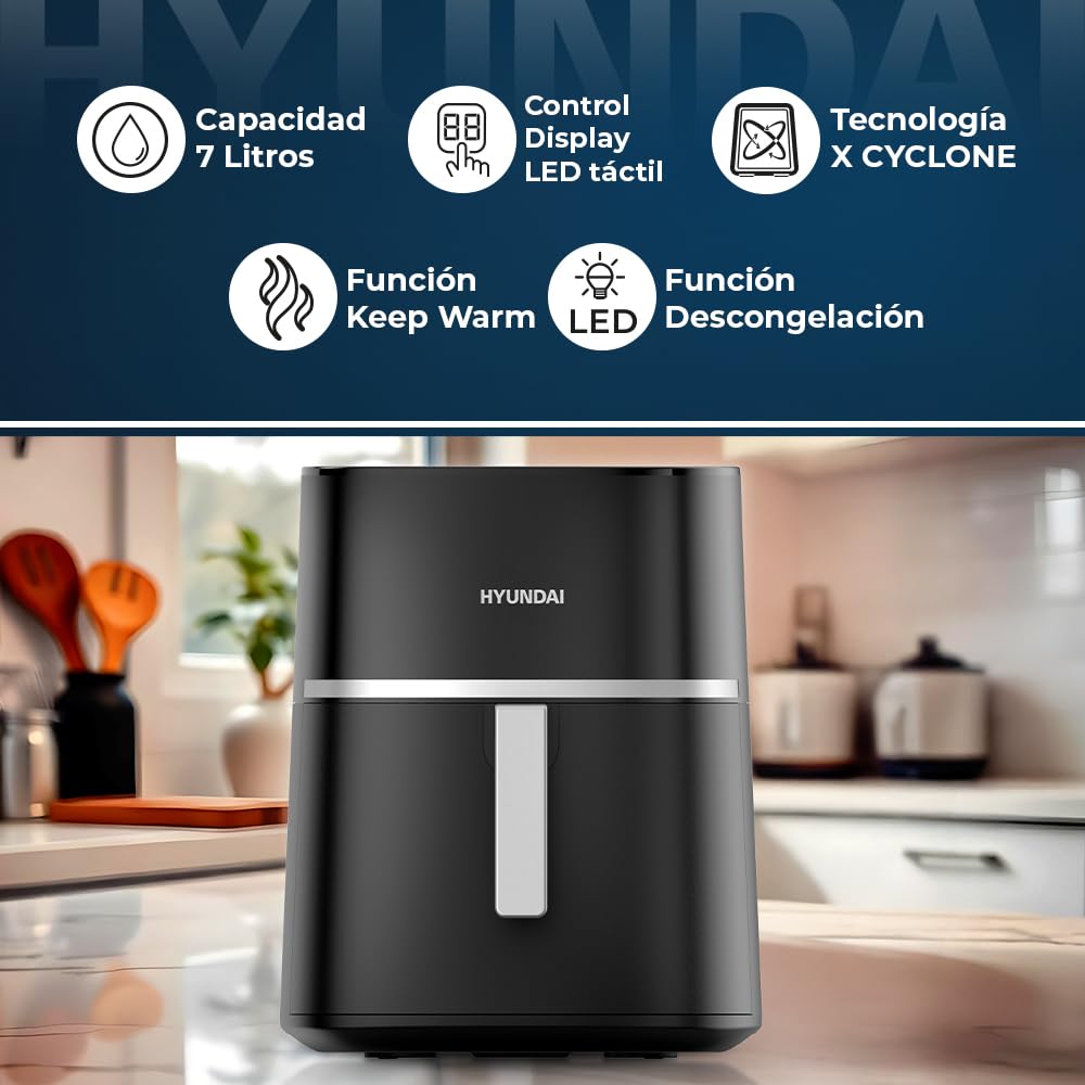 Hyundai Freidora de Aire sin Aceite 7 Litros, Air Fryer HAF7000D. 1800 W, 10 Programas, Negro