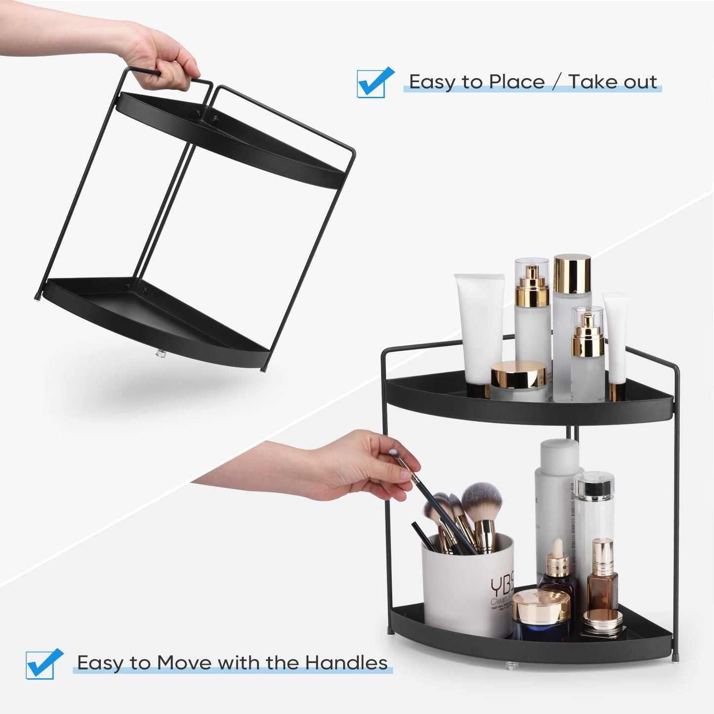 Estante de esquina de 2 niveles, organizador de cocina, organizador de baño, organizador de maquillaje, encimera cosmética, organización y almacenamiento debajo del fregadero, bandejas de perfume