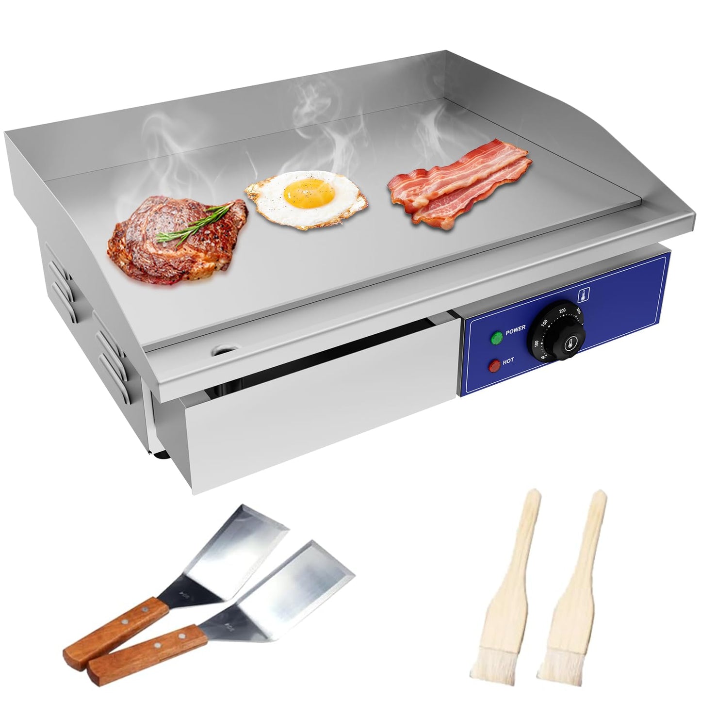 TAIMIKO - Plancha eléctrica profesional de 55 x 35,5 cm, placa de cocción lisa, 2 zonas de cocción 3000 W, plancha comercial para barbacoa de acero inoxidable, parrilla posable con termostato y