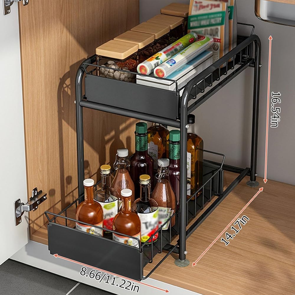 Organizador para debajo del fregadero, estante de especias de metal de 2 niveles con cajón deslizante para armarios, cocina, baño y uso de escritorio