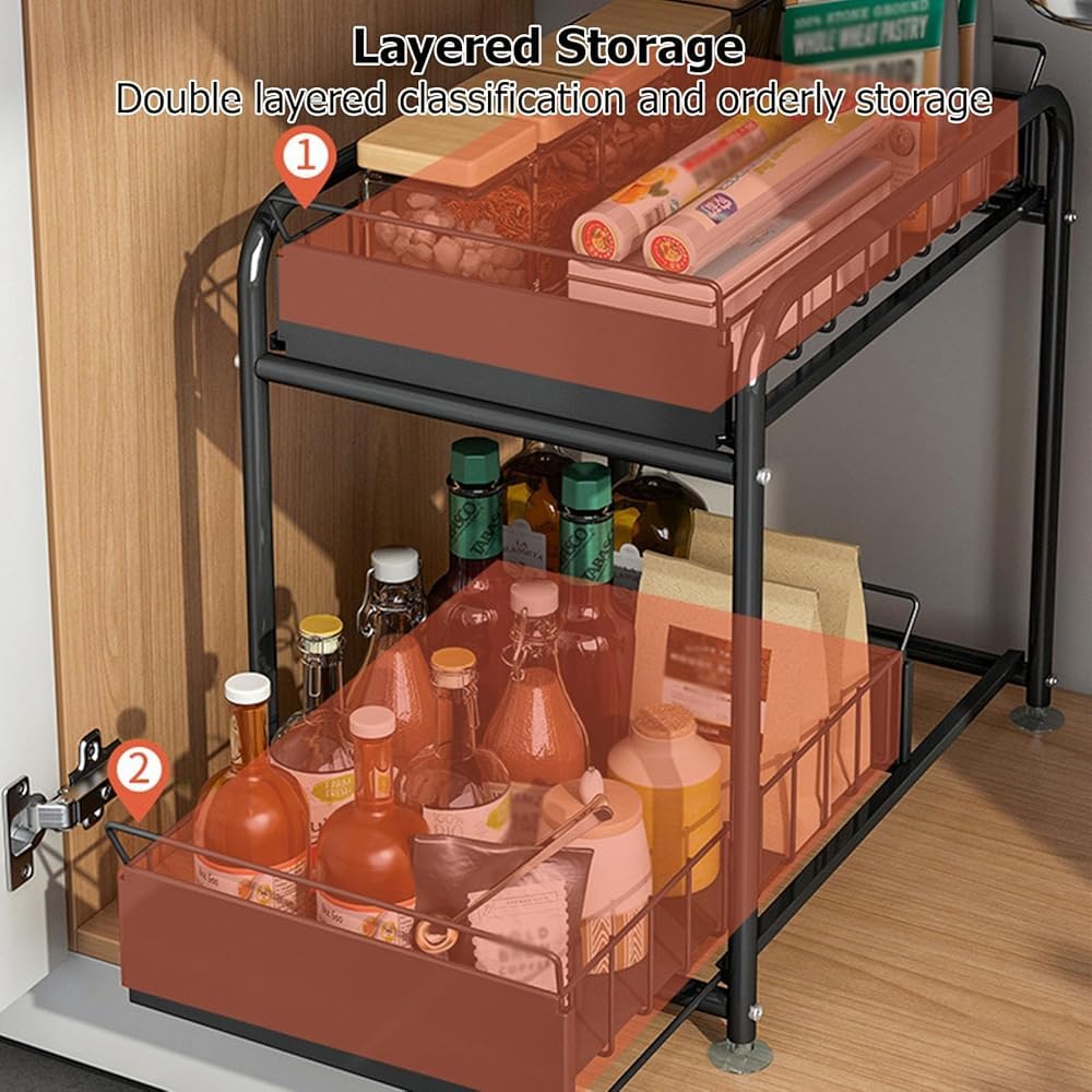 Organizador para debajo del fregadero, estante de especias de metal de 2 niveles con cajón deslizante para armarios, cocina, baño y uso de escritorio