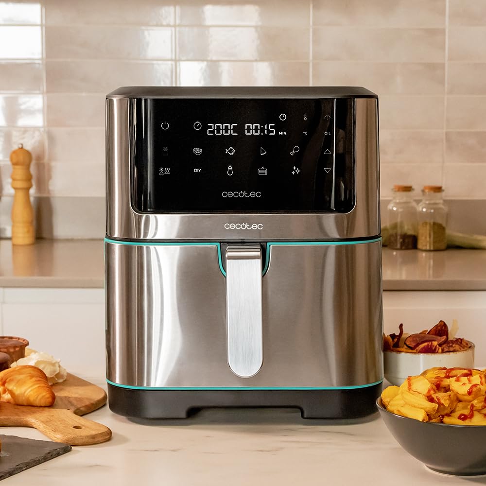 Cecotec Freidora de Aire sin Aceite de 8 L Cecofry Supreme 8000 Air Fryer. 1800 W, Panel Táctil, 30º-200 ºC, 10 Modos Preconfigurados, Pre-heat, Alerta, Acabados en Acero Inoxidable