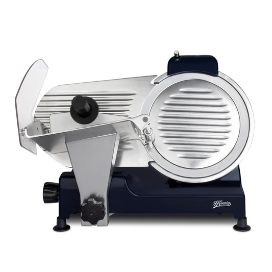 H.Koenig MSX256 Cortafiambres Eléctrico Profesional | Cuchilla 25 cm, Corte 0-12 mm, Afilador Integrado, 282 rpm, Superficie de Corte Grande – Azul