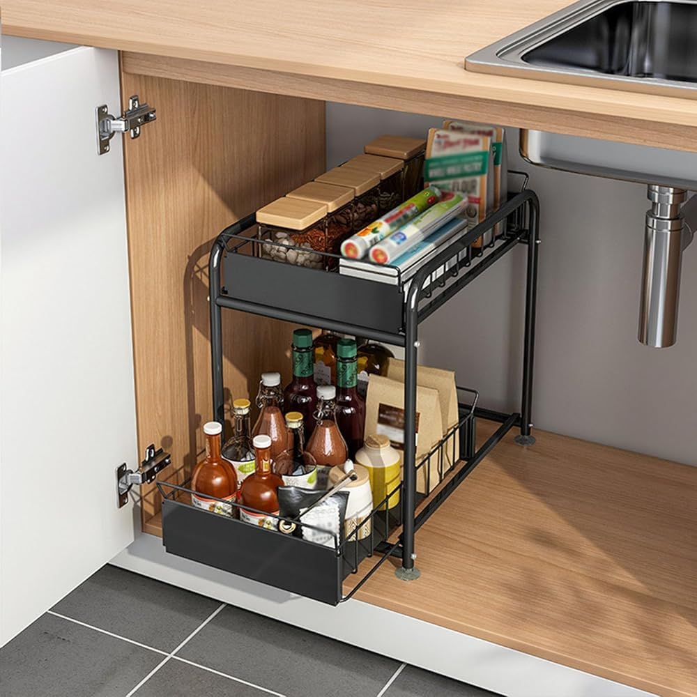 Organizador para debajo del fregadero, estante de especias de metal de 2 niveles con cajón deslizante para armarios, cocina, baño y uso de escritorio