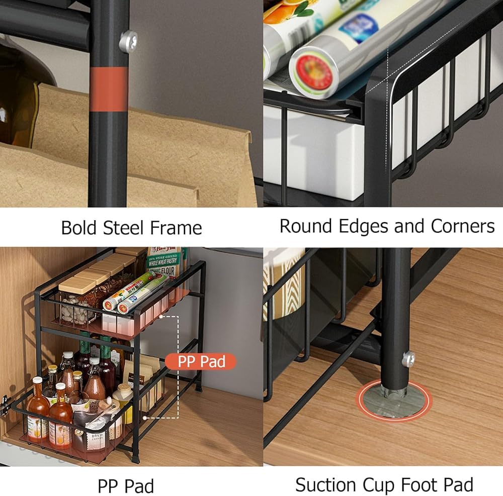 Organizador para debajo del fregadero, estante de especias de metal de 2 niveles con cajón deslizante para armarios, cocina, baño y uso de escritorio