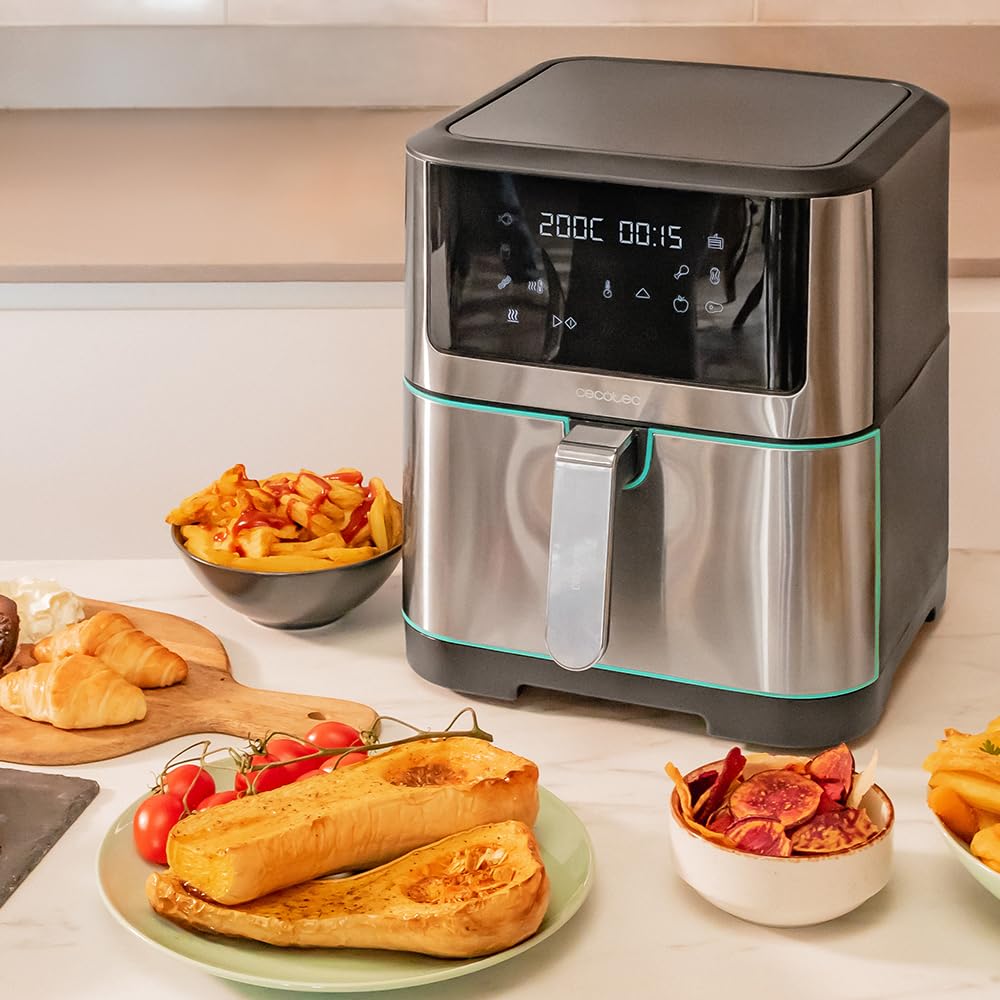 Cecotec Freidora de Aire sin Aceite de 8 L Cecofry Supreme 8000 Air Fryer. 1800 W, Panel Táctil, 30º-200 ºC, 10 Modos Preconfigurados, Pre-heat, Alerta, Acabados en Acero Inoxidable