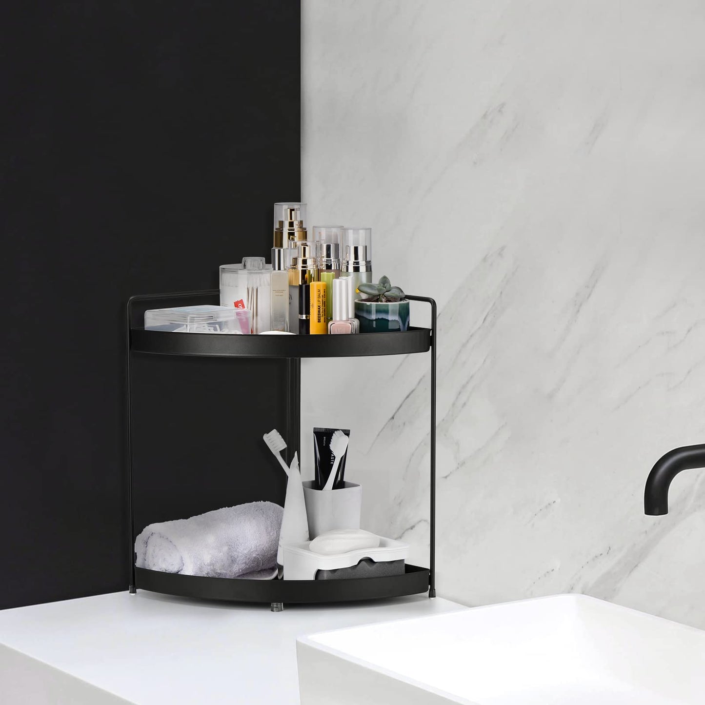 Estante de esquina de 2 niveles, organizador de cocina, organizador de baño, organizador de maquillaje, encimera cosmética, organización y almacenamiento debajo del fregadero, bandejas de perfume