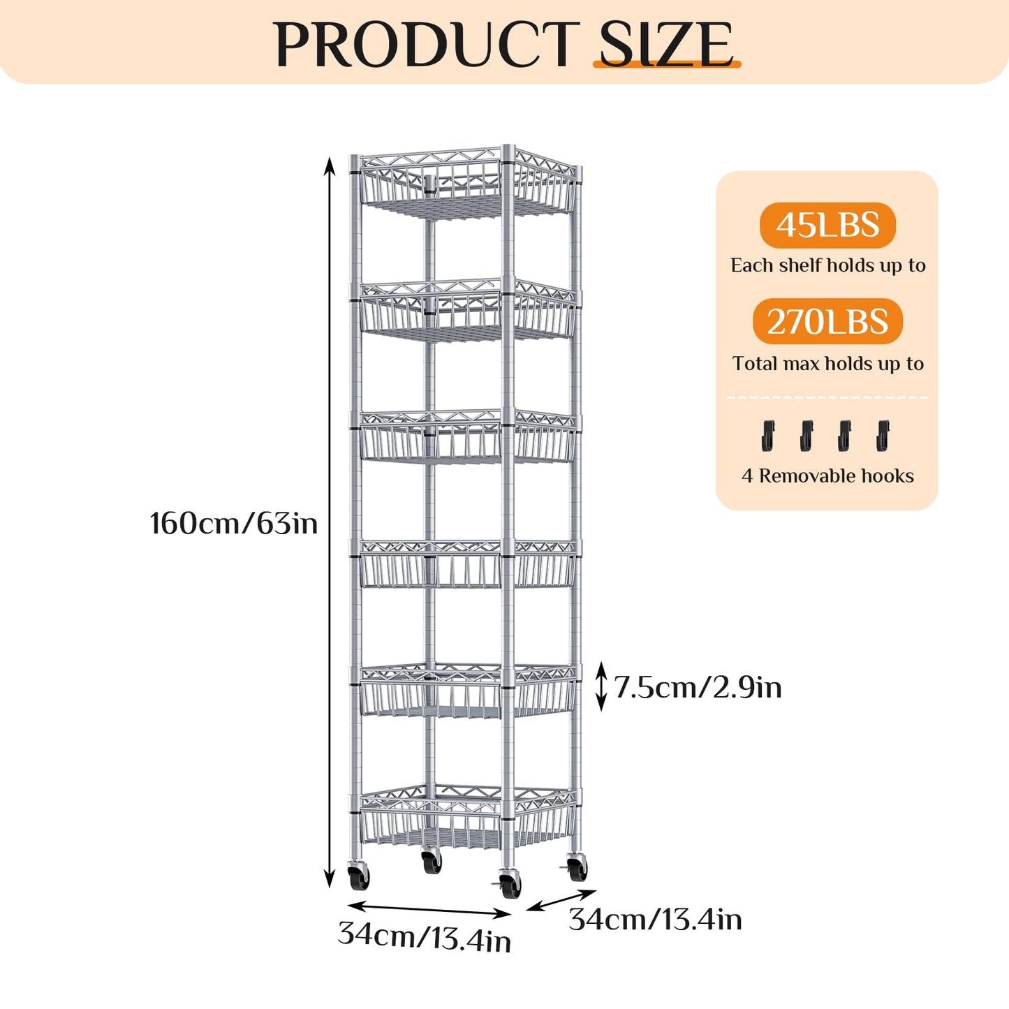 Uptyia Carrito Auxiliar de 6 Niveles con Ruedas,Carrito Auxiliar de Cocina con Cajones,Organizador Multifuncional de Cestas para Frutas y Verduras, para Cocina, Baño y Sala de Estar,Plata,34×34×156cm