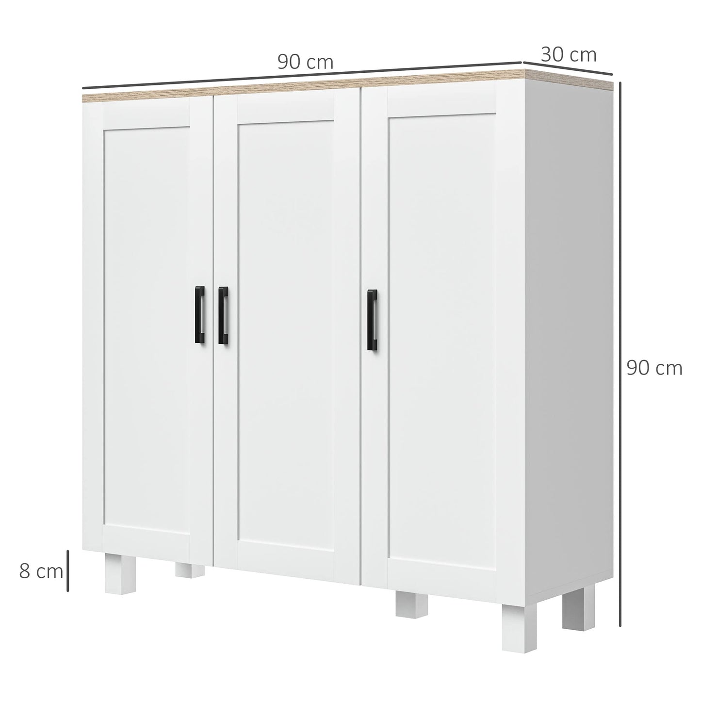 HOMCOM Armario de Salón Moderno Armario de Almacenaje con 3 Puertas Estantes Ajustables y Base Elevada para Cocina Comedor Pasillo Dormitorio Dispositivo Antivuelco 90x30x90 cm Blanco