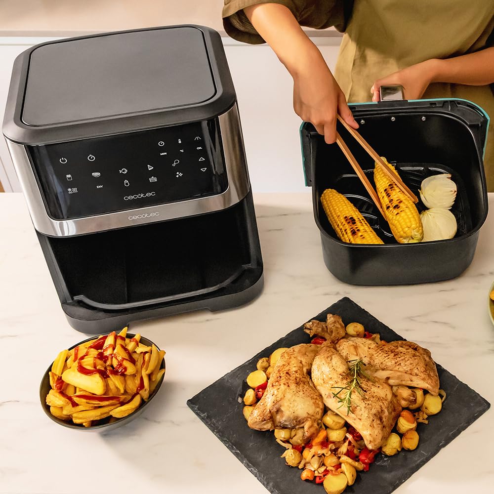 Cecotec Freidora de Aire sin Aceite de 8 L Cecofry Supreme 8000 Air Fryer. 1800 W, Panel Táctil, 30º-200 ºC, 10 Modos Preconfigurados, Pre-heat, Alerta, Acabados en Acero Inoxidable