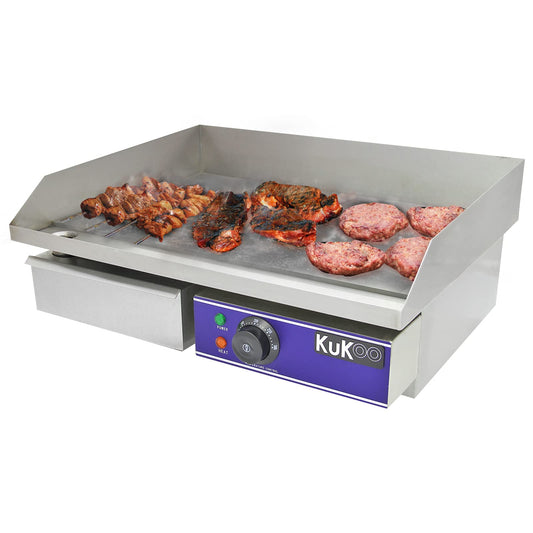 Plancha Profesional Antiadherente Eléctrica de 50cm de Acero Inoxidable Grill Parrilla de Asar Cocina Cocción Barbacoa BBQ+Protector contra Salpicaduras+Cajón Drenaje para Grasa+Termostato Ajustable