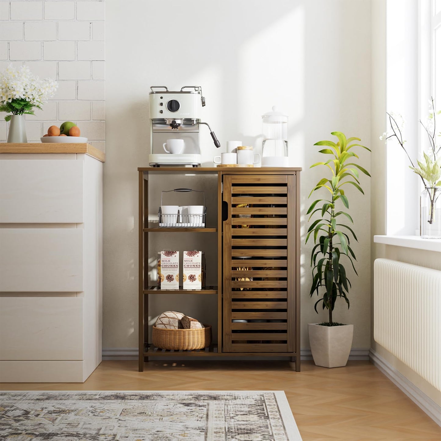 HITNET Armario de Baño de Bambú, Toallero de Baño de Piso Independiente, Organizador de Almacenamiento de Cocina, 1 Puerta y 3 Estantes Abiertos, Nogal