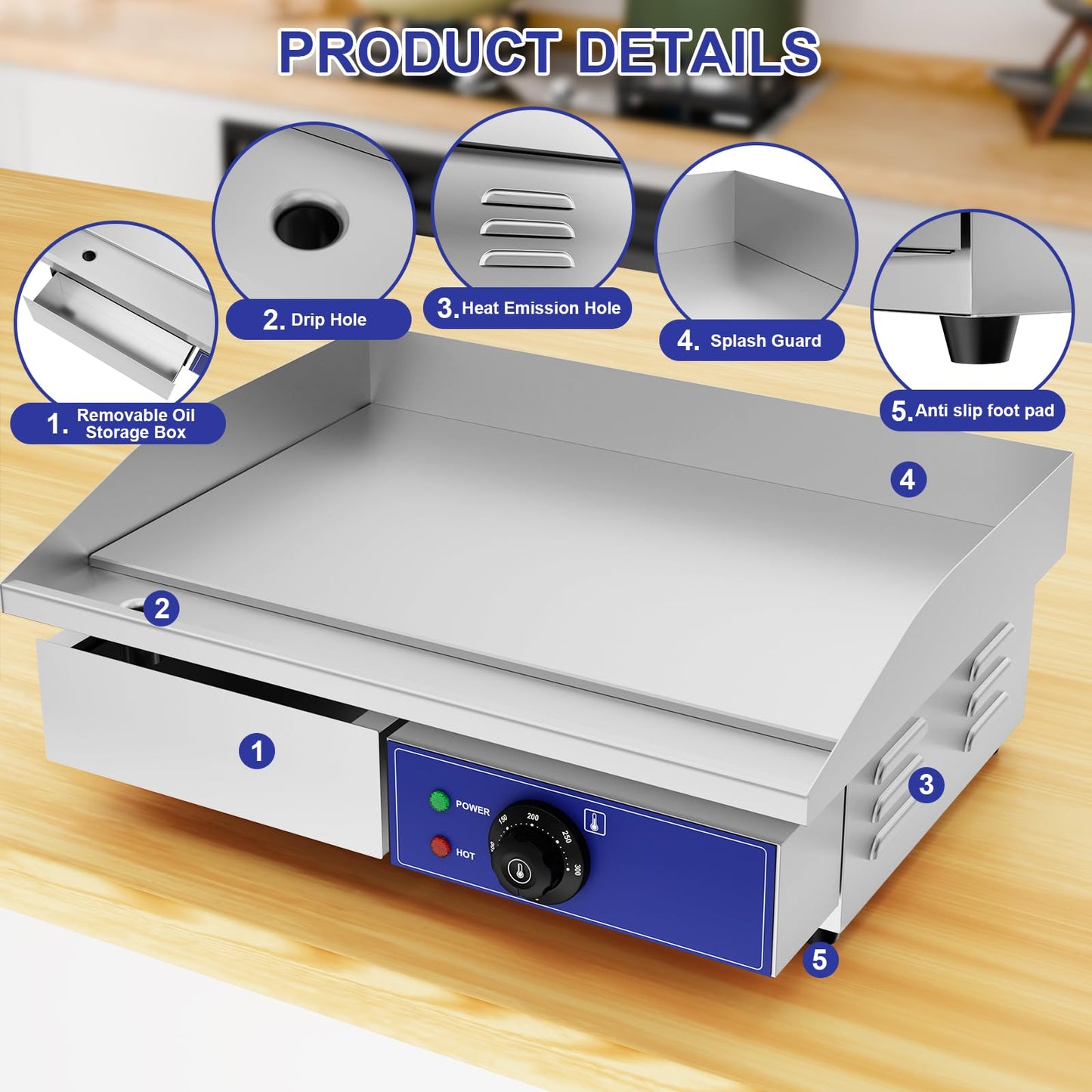 TAIMIKO - Plancha eléctrica profesional de 55 x 35,5 cm, placa de cocción lisa, 2 zonas de cocción 3000 W, plancha comercial para barbacoa de acero inoxidable, parrilla posable con termostato y