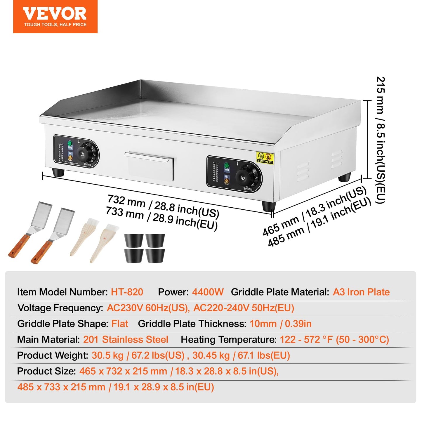 VEVOR Plancha Eléctrica Comercial – Parrilla Plana Superior 4400 W, Temperatura Ajustable 50-300 °C, Acero Inoxidable, Dimensiones 733 x 485 x 215 mm, Incluye 2 Palas y 2 Cepillos – Ideal para Hogar o Restaurante