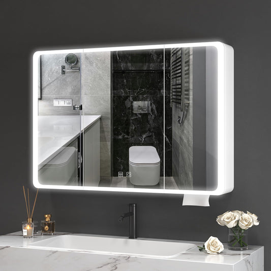 Aovquof Armario con espejo con iluminación – 90 × 70 cm armario con espejo de baño con espacio de almacenamiento, armario con espejo de baño con luces LED regulables regulables con función demist,