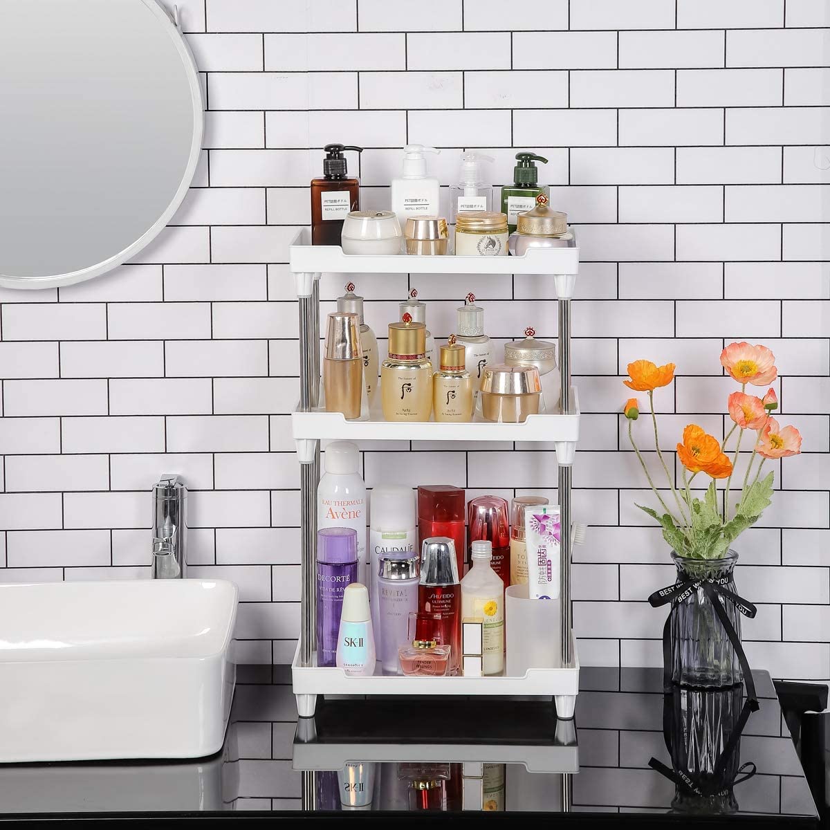 Hpenp Organizador de encimera de baño de 3 niveles – Bandeja de vanidad cosmética para el cuidado de la piel – Estante de cocina para especias (blanco)