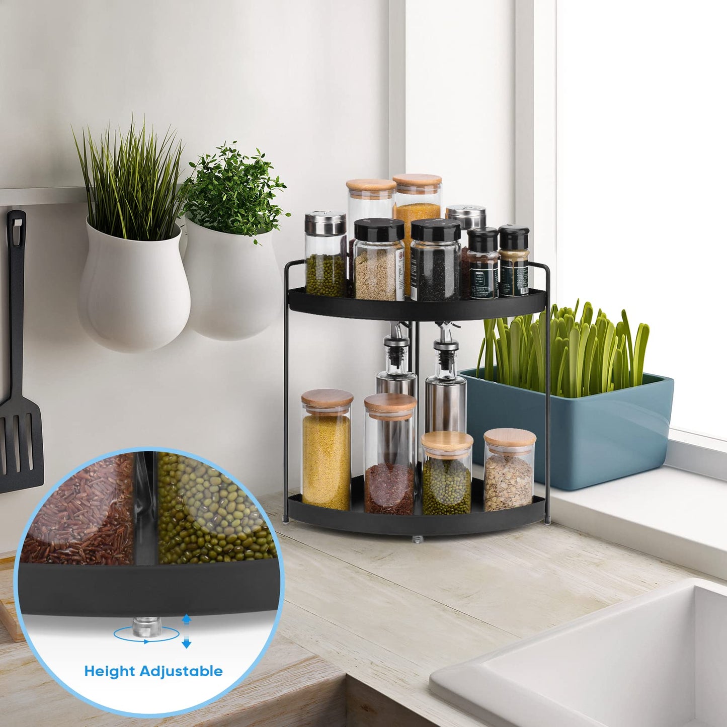 Estante de esquina de 2 niveles, organizador de cocina, organizador de baño, organizador de maquillaje, encimera cosmética, organización y almacenamiento debajo del fregadero, bandejas de perfume