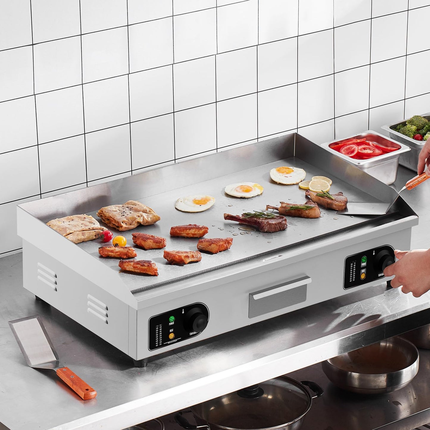 VEVOR Plancha Eléctrica Comercial – Parrilla Plana Superior 4400 W, Temperatura Ajustable 50-300 °C, Acero Inoxidable, Dimensiones 733 x 485 x 215 mm, Incluye 2 Palas y 2 Cepillos – Ideal para Hogar o Restaurante