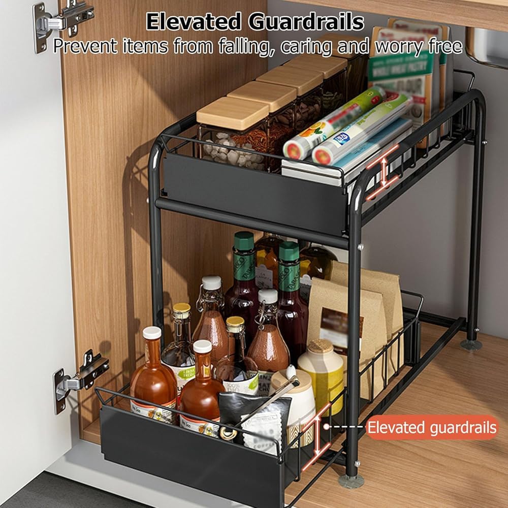Organizador para debajo del fregadero, estante de especias de metal de 2 niveles con cajón deslizante para armarios, cocina, baño y uso de escritorio