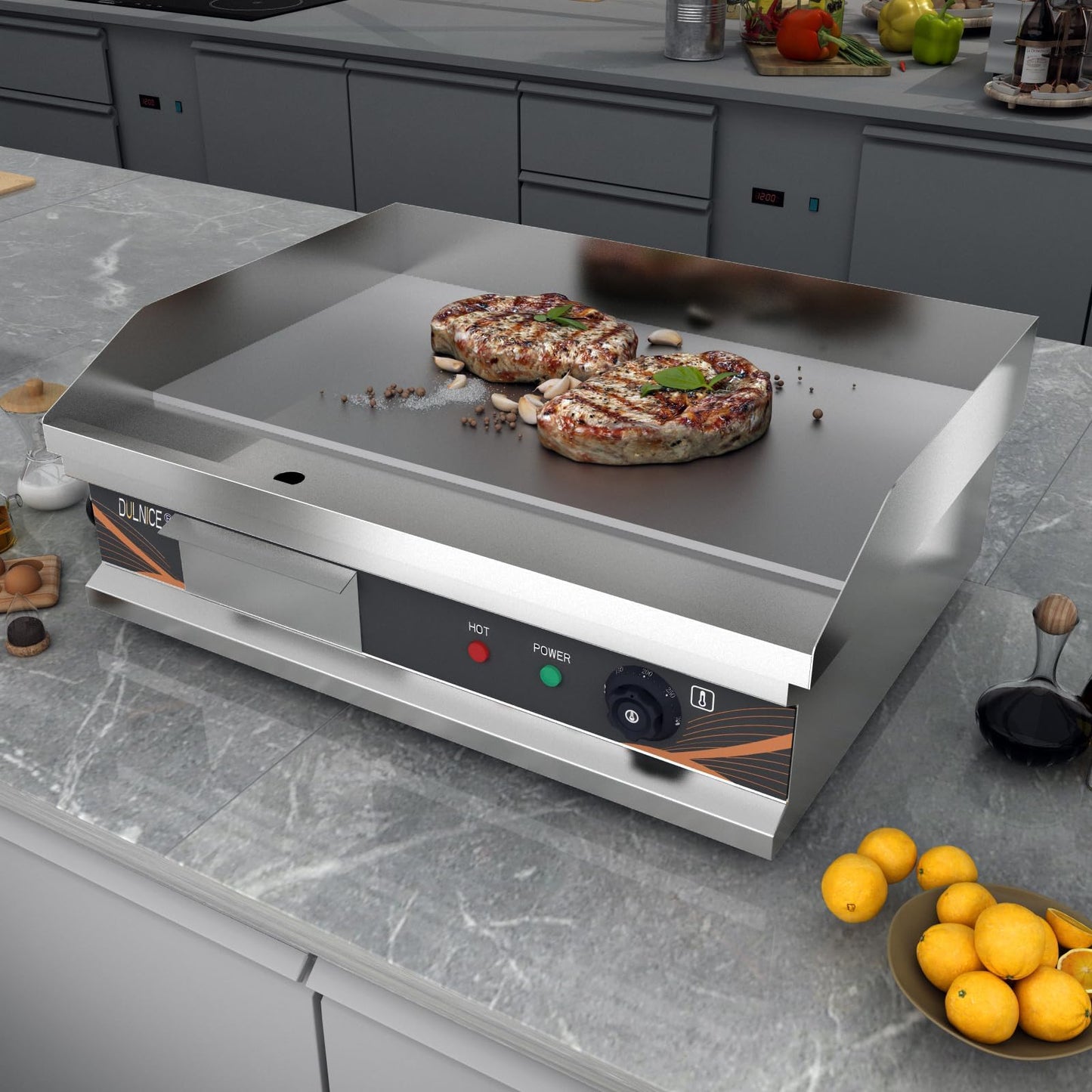 DULNICE Plancha Eléctrica Profesional de Acero Inoxidable 3000W, Cocina Eléctrica 54 x 30 cm, Temperatura Ajustable 50-300°C, con Bandeja Recoge Grasa