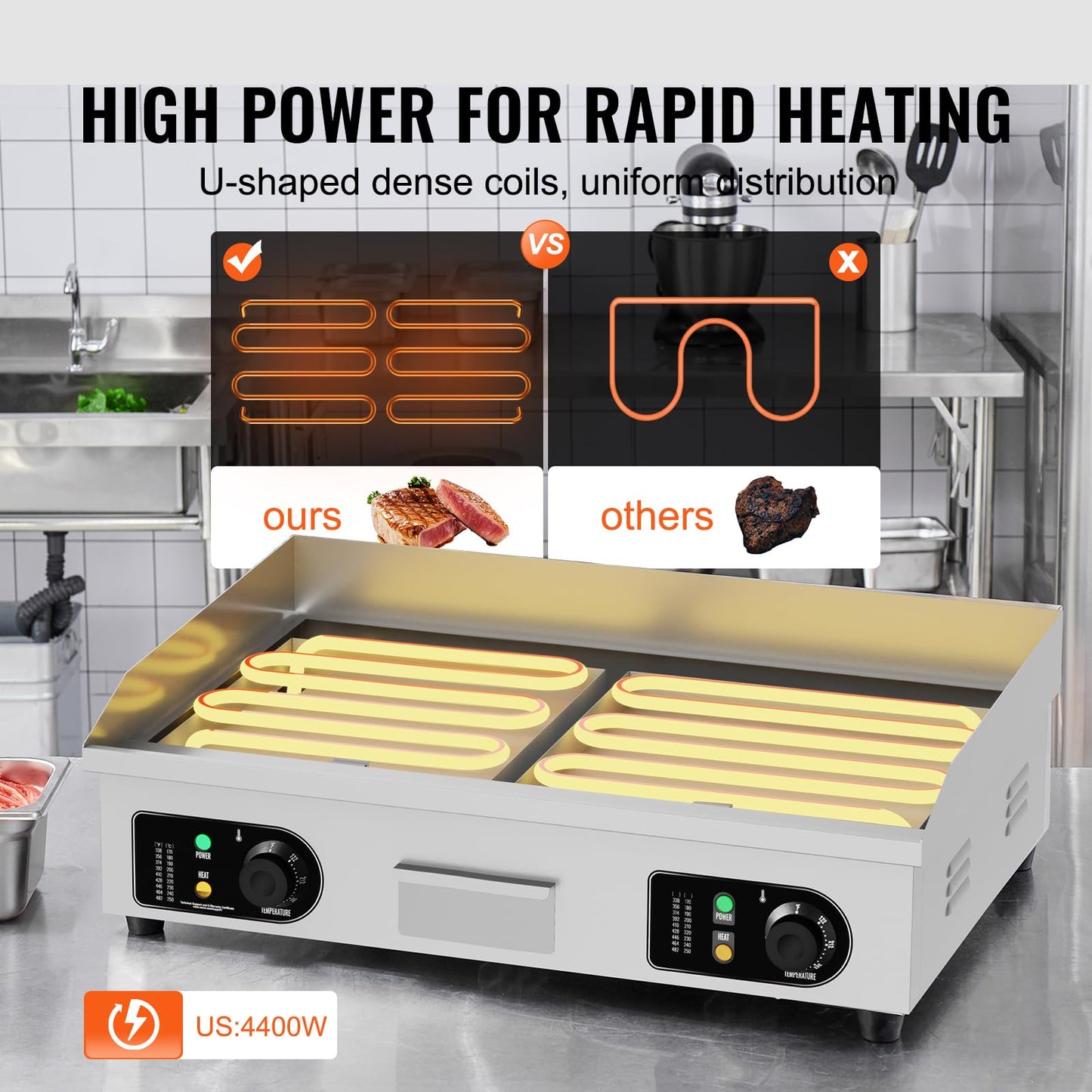 VEVOR Plancha Eléctrica Comercial – Parrilla Plana Superior 4400 W, Temperatura Ajustable 50-300 °C, Acero Inoxidable, Dimensiones 733 x 485 x 215 mm, Incluye 2 Palas y 2 Cepillos – Ideal para Hogar o Restaurante