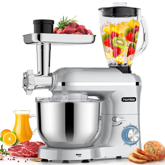 Homlee Robot de Cocina 3 en 1 con Picadora de Carne y Batidora – 2000W, Amasadora Multifunción, Cuenco de Acero Inoxidable 5.5L, Exprimidor 1.5L, 6 Niveles de Velocidad