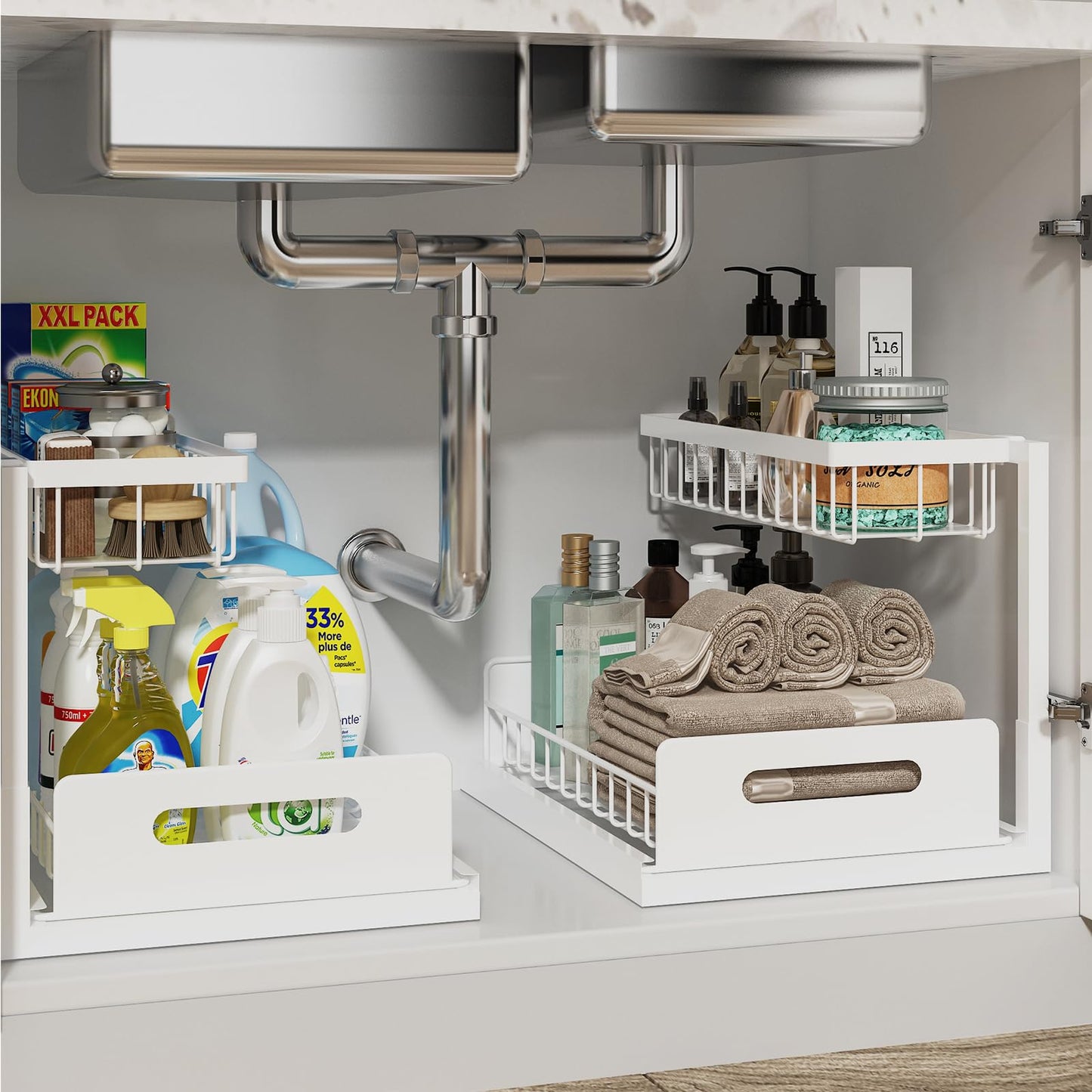 REALINN Organizador para debajo del fregadero, organizador de gabinete extraíble de 2 niveles, estantes de almacenamiento, almacenamiento debajo del fregadero para armario de cocina y baño, blanco,