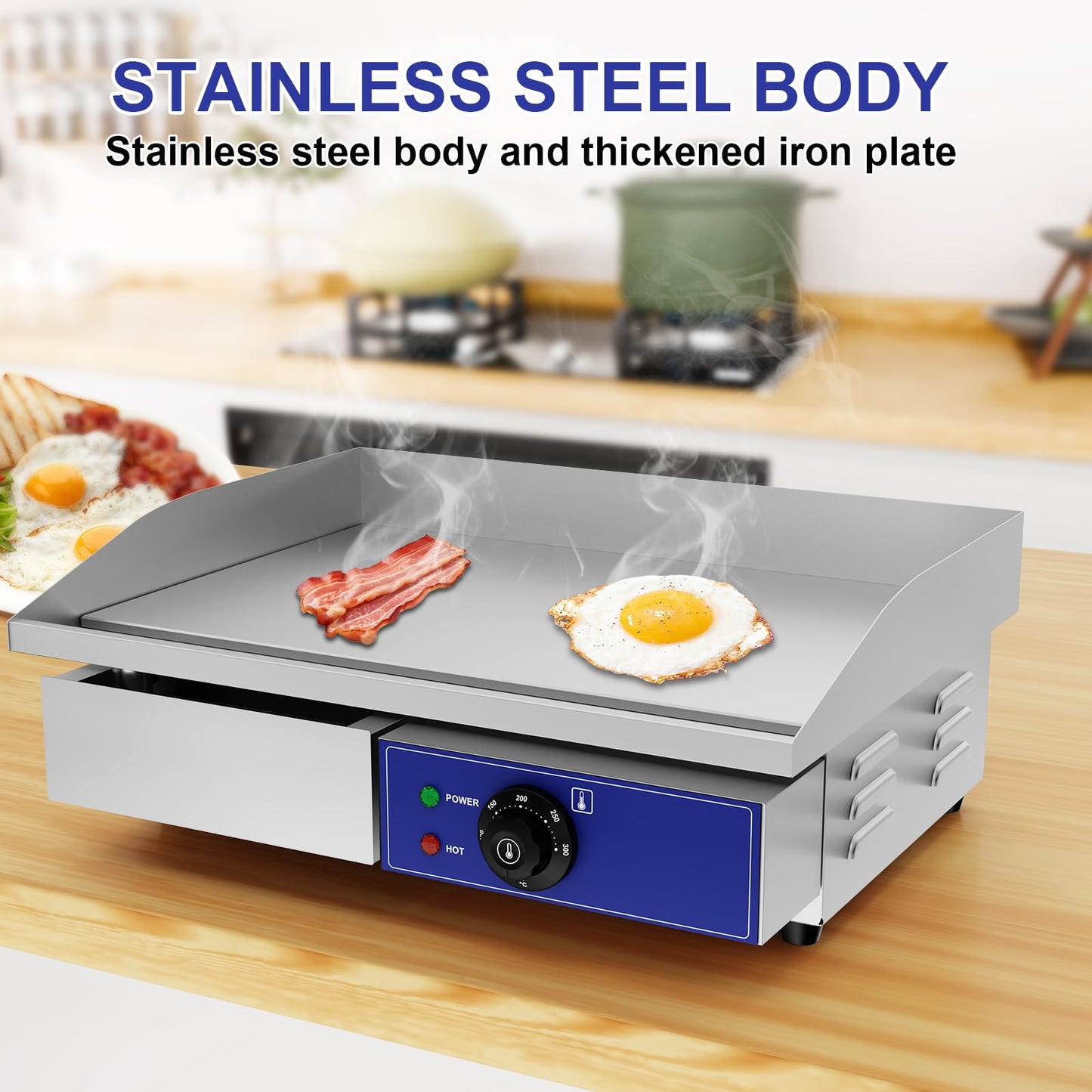 TAIMIKO - Plancha eléctrica profesional de 55 x 35,5 cm, placa de cocción lisa, 2 zonas de cocción 3000 W, plancha comercial para barbacoa de acero inoxidable, parrilla posable con termostato y