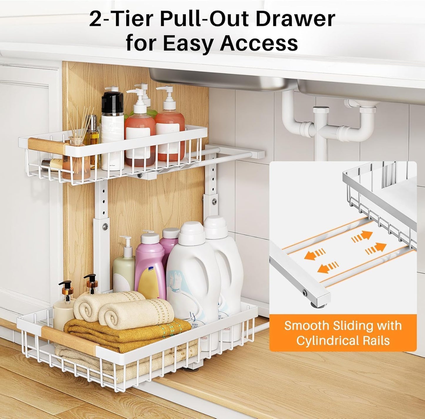 Organizador para debajo del fregadero, 2 organizadores debajo del fregadero y cesta de almacenamiento, estante de metal deslizante de 2 niveles, cajones organizadores para cocina, baño, despensa,