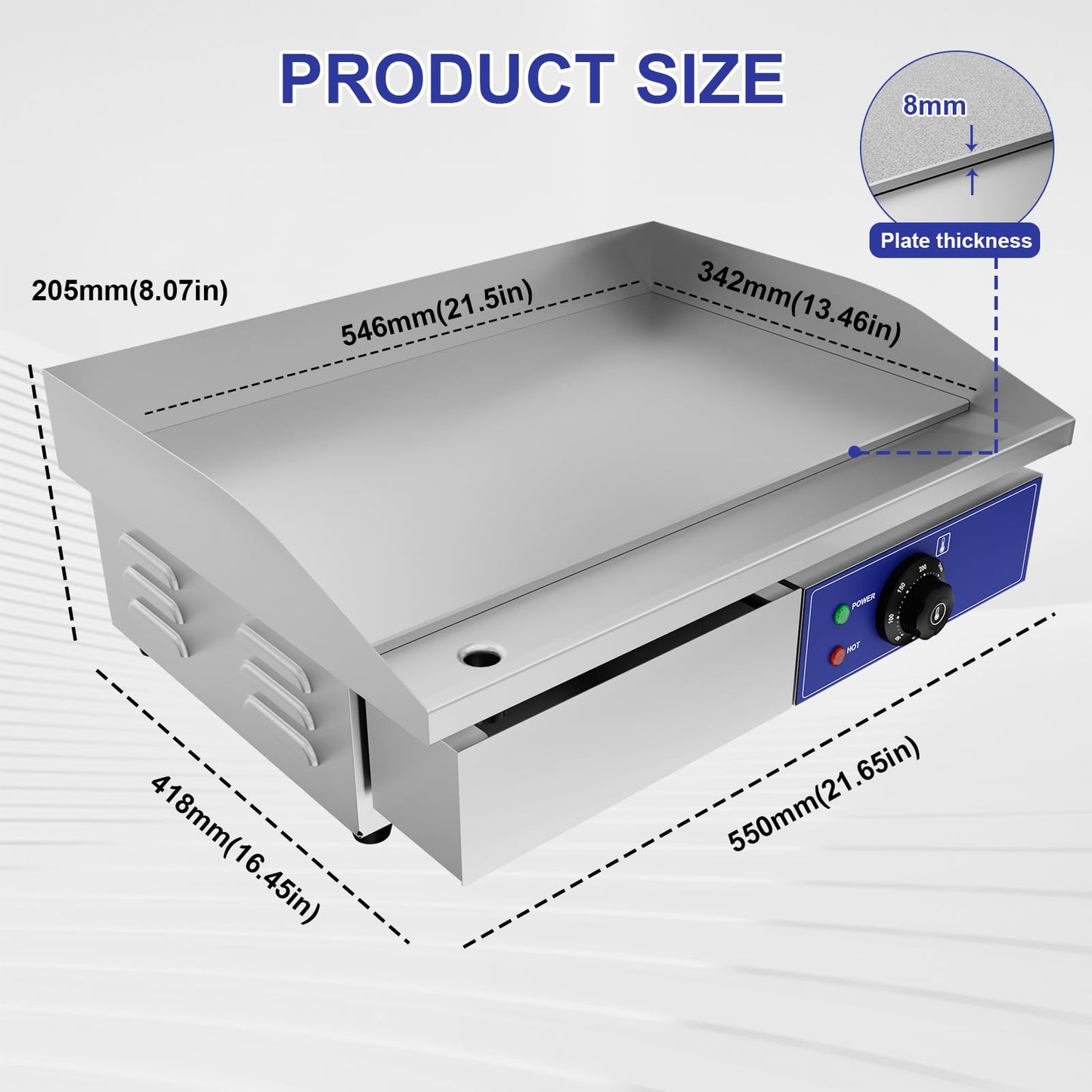 TAIMIKO - Plancha eléctrica profesional de 55 x 35,5 cm, placa de cocción lisa, 2 zonas de cocción 3000 W, plancha comercial para barbacoa de acero inoxidable, parrilla posable con termostato y