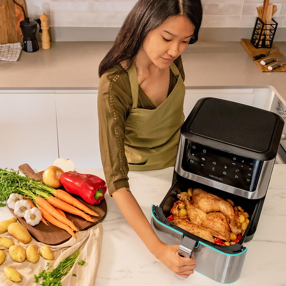 Cecotec Freidora de Aire sin Aceite de 8 L Cecofry Supreme 8000 Air Fryer. 1800 W, Panel Táctil, 30º-200 ºC, 10 Modos Preconfigurados, Pre-heat, Alerta, Acabados en Acero Inoxidable