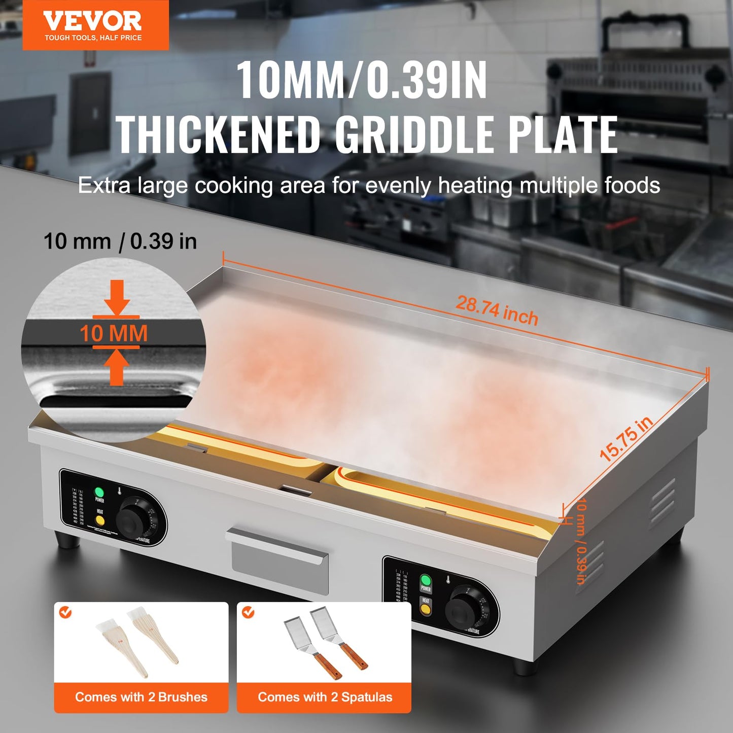 VEVOR Plancha Eléctrica Comercial – Parrilla Plana Superior 4400 W, Temperatura Ajustable 50-300 °C, Acero Inoxidable, Dimensiones 733 x 485 x 215 mm, Incluye 2 Palas y 2 Cepillos – Ideal para Hogar o Restaurante