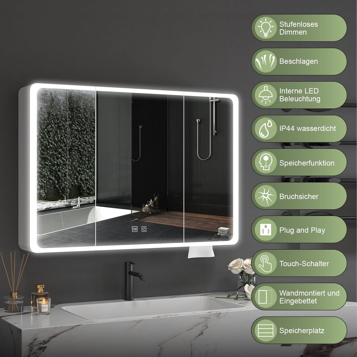 Aovquof Armario con espejo con iluminación – 90 × 70 cm armario con espejo de baño con espacio de almacenamiento, armario con espejo de baño con luces LED regulables regulables con función demist,