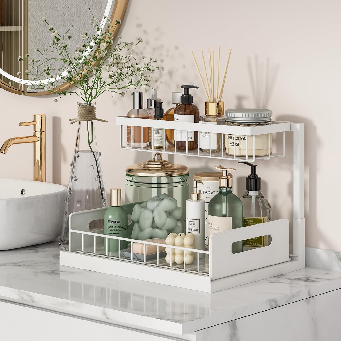 REALINN Organizador para debajo del fregadero, organizador de gabinete extraíble de 2 niveles, estantes de almacenamiento, almacenamiento debajo del fregadero para armario de cocina y baño, blanco,