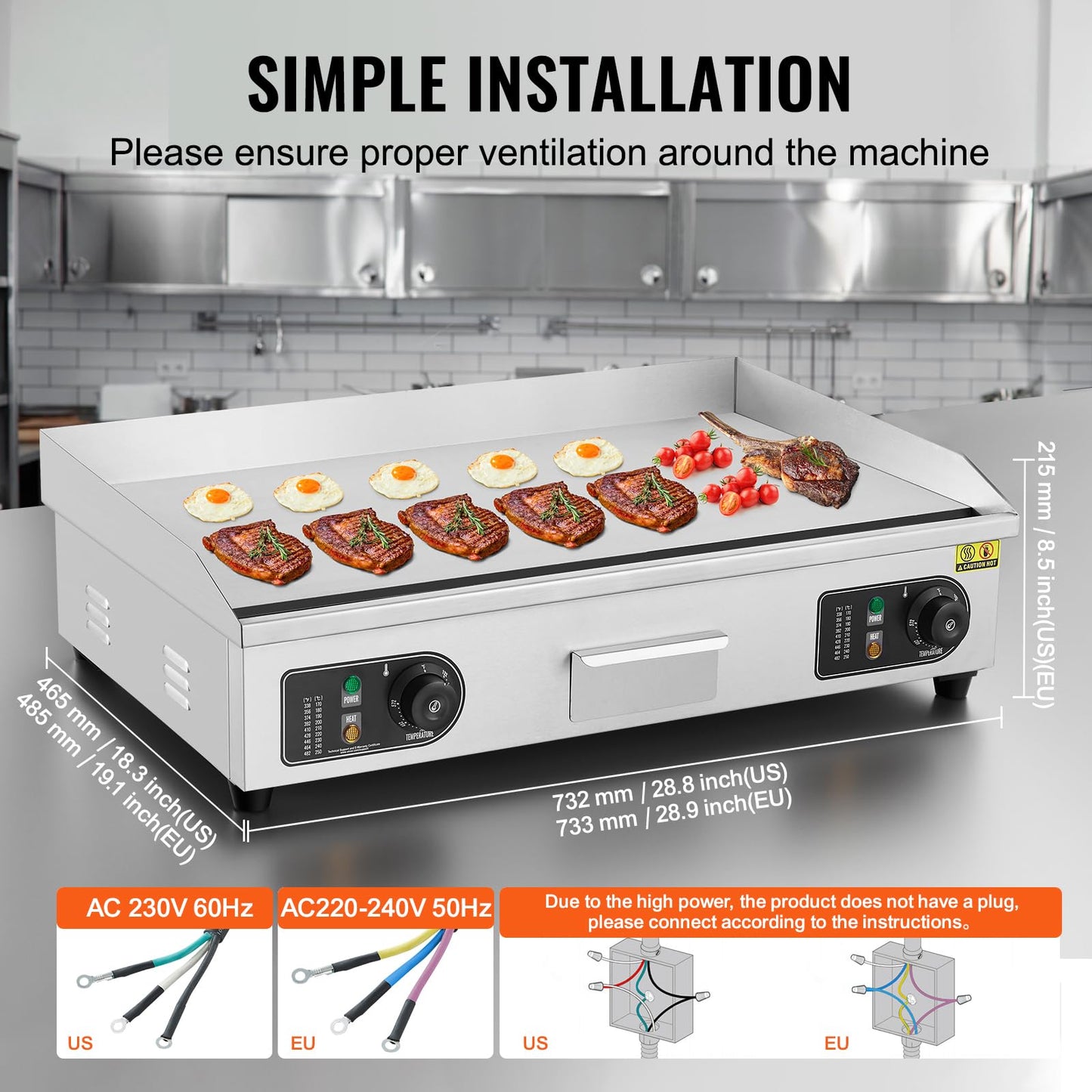 VEVOR Plancha Eléctrica Comercial – Parrilla Plana Superior 4400 W, Temperatura Ajustable 50-300 °C, Acero Inoxidable, Dimensiones 733 x 485 x 215 mm, Incluye 2 Palas y 2 Cepillos – Ideal para Hogar o Restaurante
